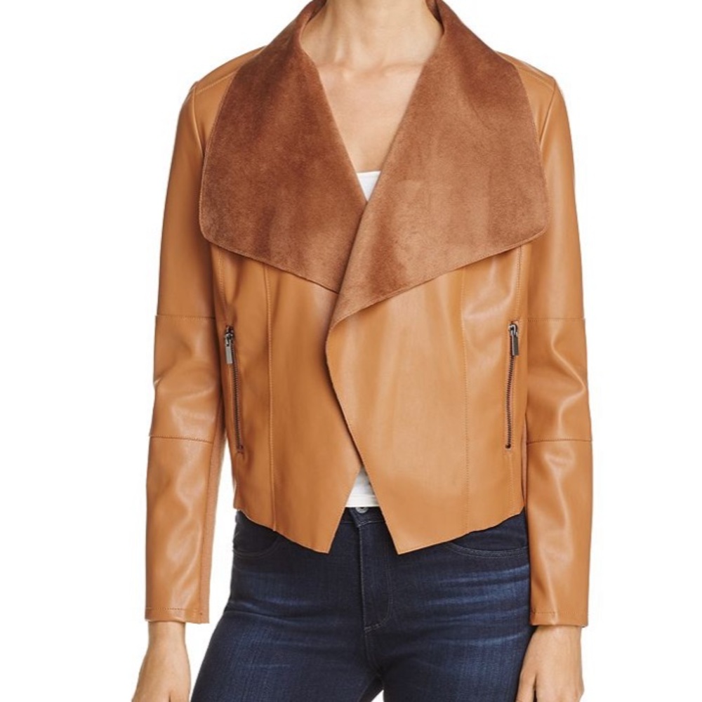 OOKIE & LALA Faux Leather Drape Jacket in Cognac